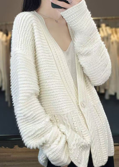 White V Neck Button Woolen Cable Knit Coats Spring