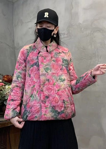 Pink Print Fine Cotton Filled Coat Mandarin Collar Winter