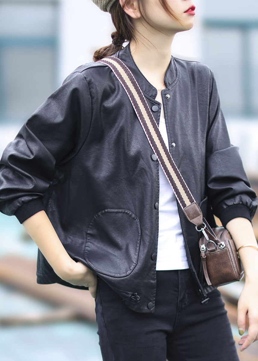 Black Button Drawstring Stand Collar Faux Leather Coats Long Sleeve