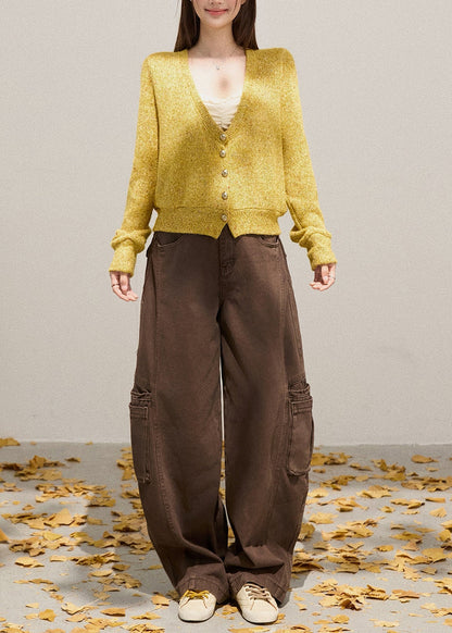 Yellow V Neck Button Down Knit Cardigans Fall