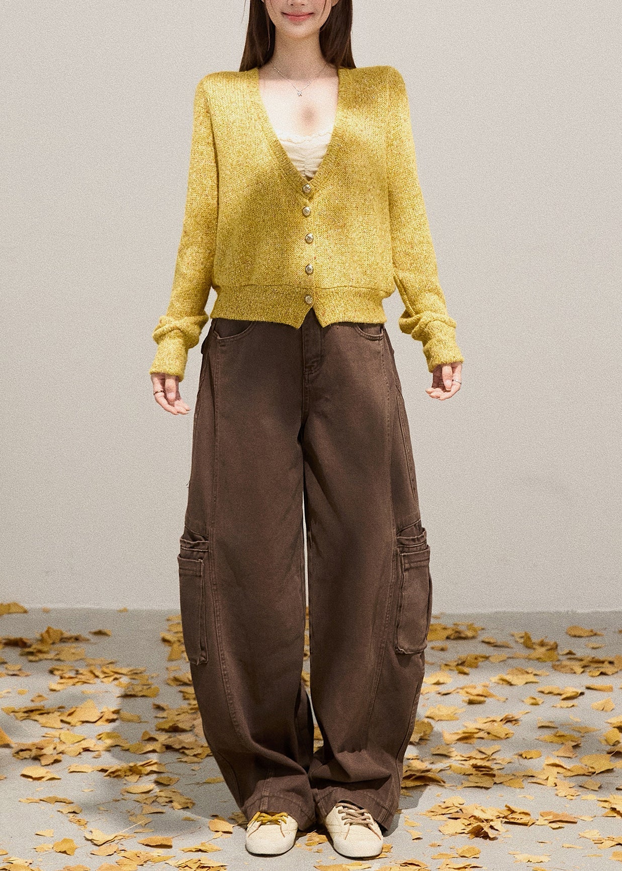 Yellow V Neck Button Down Knit Cardigans Fall