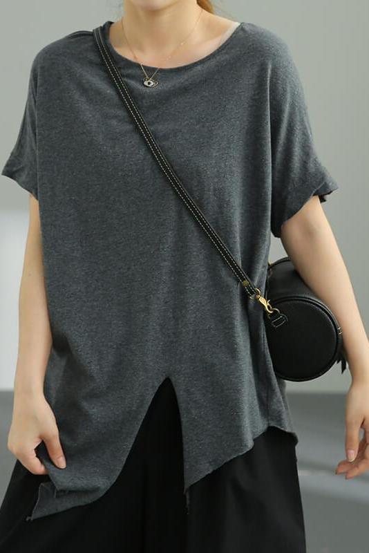 Pure Color O Neck Split Hem T-shirt