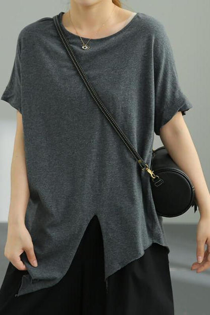 Pure Color O Neck Split Hem T-shirt