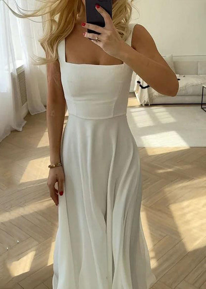 White Square Collar Cotton Spaghetti Strap Dress Summer