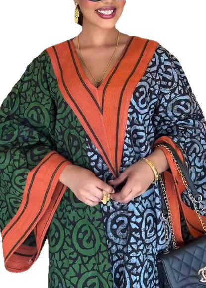 Colorblock V Neck Print Cotton Vacation Dresses Fall
