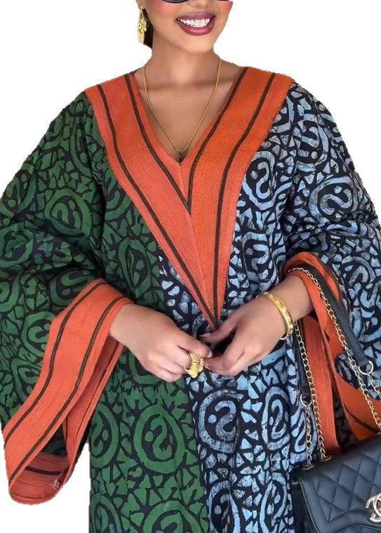 Colorblock V Neck Print Cotton Vacation Dresses Fall