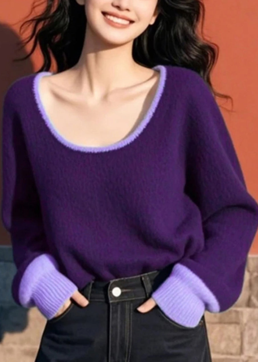 Purple O Neck Cozy Patchwork Knit Sweater Spring