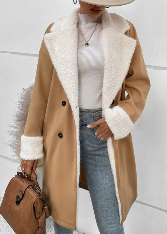 Khaki Peter Pan Collar Button Fleece Wool Lined Coat Outwear Winter