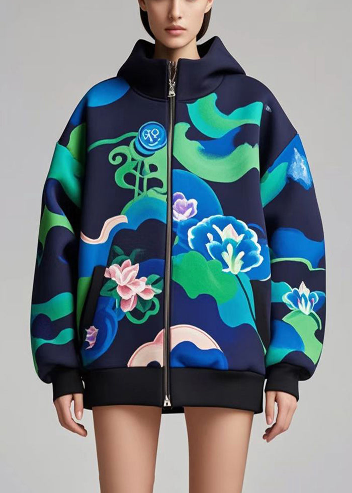 Navy Oversized Print Cotton Hoodie Coat Fall