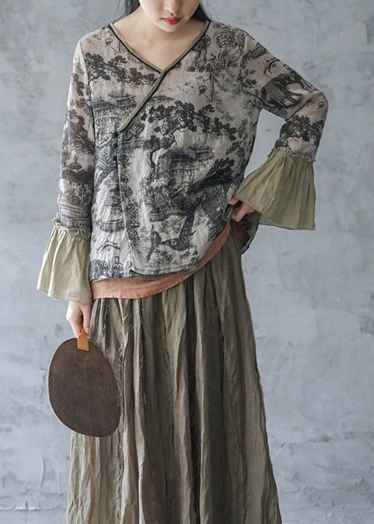 Grey V Neck Print Linen Shirt Tops Spring