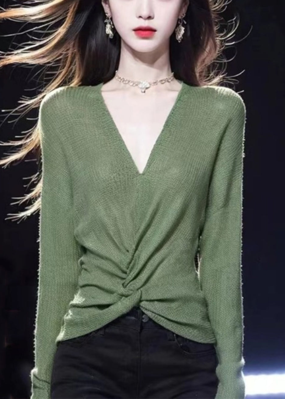 Simple Green V Neck Cozy Knit Sweater Fall