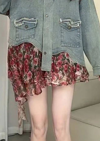 Blue Peter Pan Collar Asymmetrical Print Print Denim Coat Spring