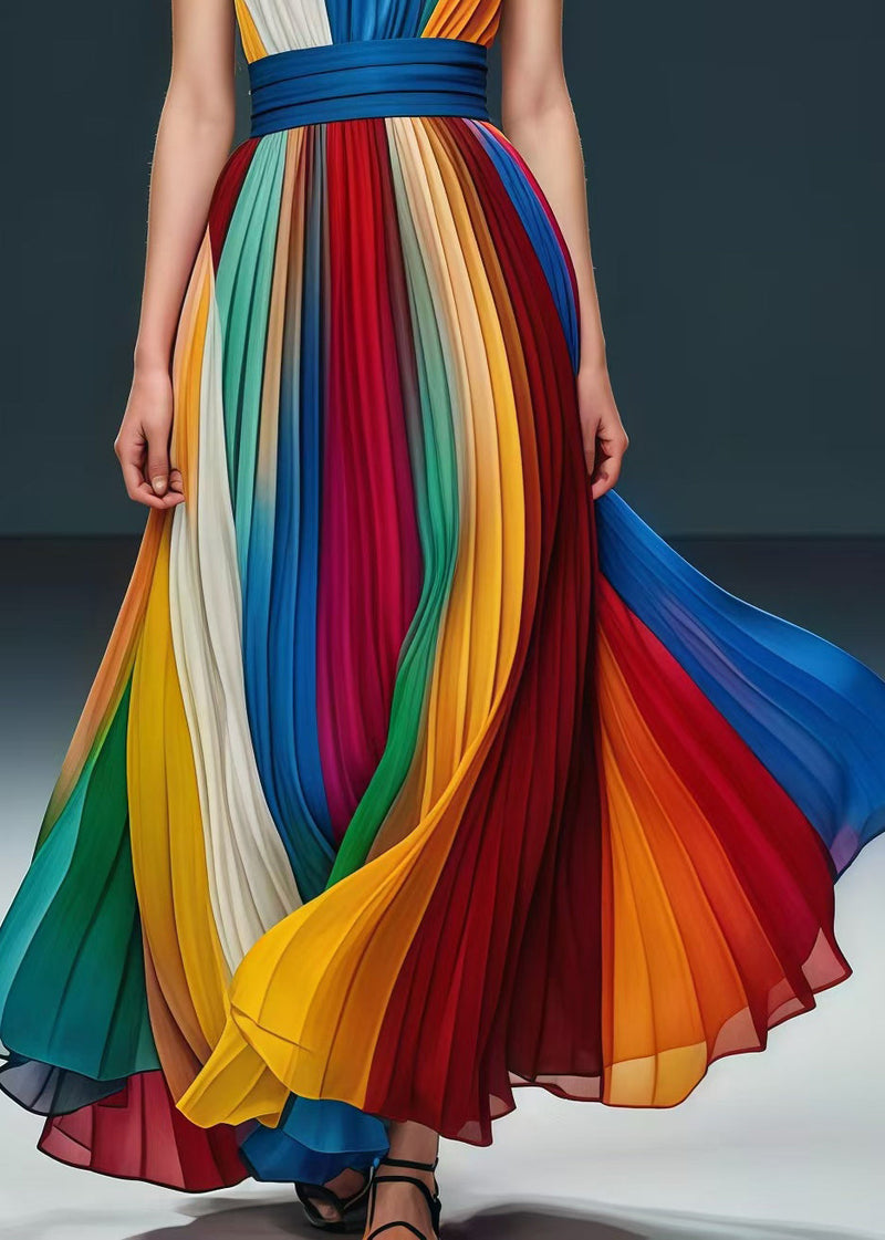 Rainbow Cinched Exra Large Hem Chiffon Strapless Pleated Dress Summer