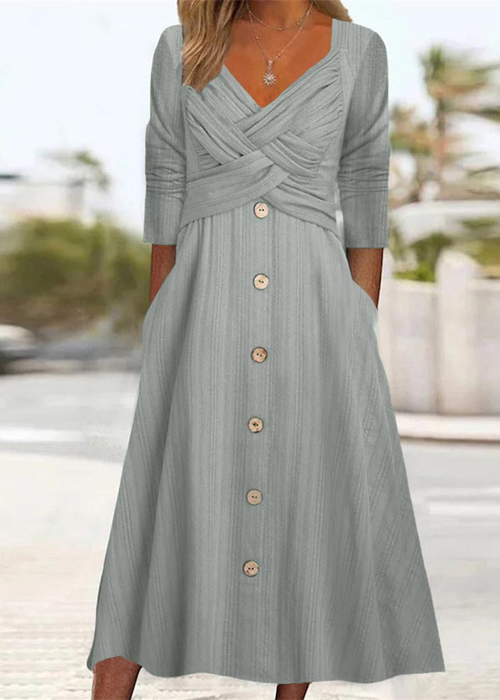 Green Button Pockets Wrinkled Cotton Dress Summer