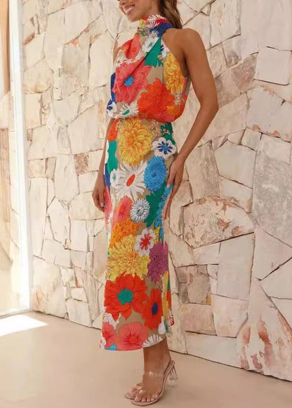 Orange Print Halter Slim Fit Cotton Dresses Sleeveless