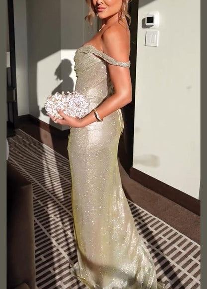 Champagne Off Shoulder Strapless Side Open Long Dress