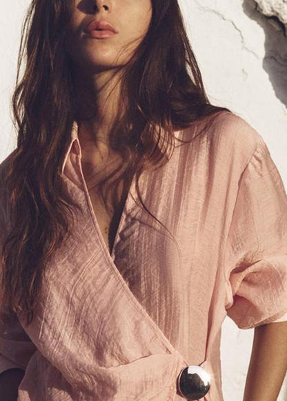 New Pink Peter Pan Collar Cotton Shirt Fall