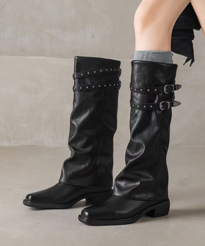 Stylish Rivet Splicing Chunky Boots Black Faux Leather