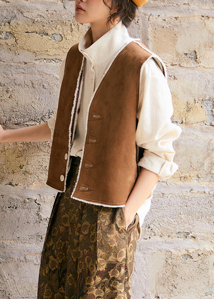 New V Neck Faux Fur Wear on Both Sides Vest Sleeveless