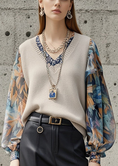 Light Camel Patchwork Print Sweater Tops Lantern Sleeve
