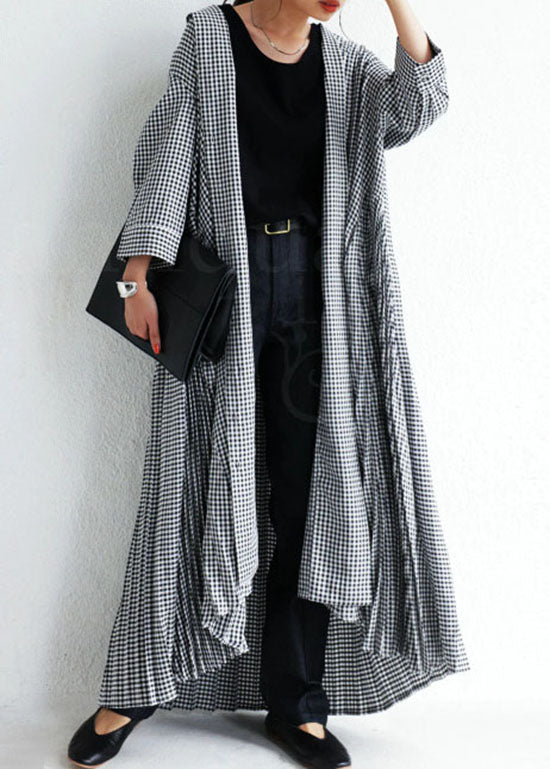 Plaid V Neck Wrinkled Patchwork Cotton Loose Cardigans Spring