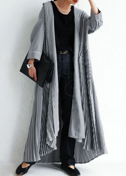 Plaid V Neck Wrinkled Patchwork Cotton Loose Cardigans Spring