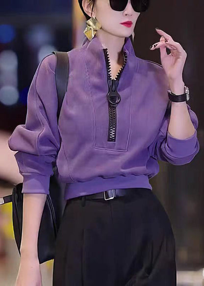 Purple Zip Up Patchwork Cotton Tops Fall