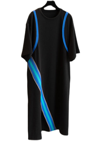 Natural Black O-neck Asymmetrical Patchwork Cotton Dresses Summer