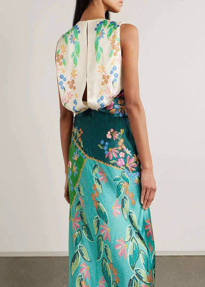 Italian Green O Neck Print Silk Long Dress Sleeveless