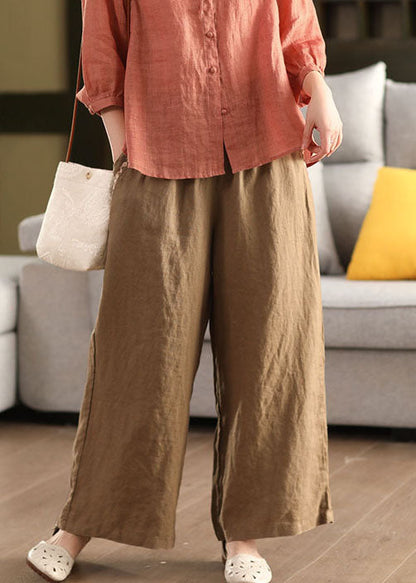 Yellow Embroidered Linen Wide Leg Pants Summer