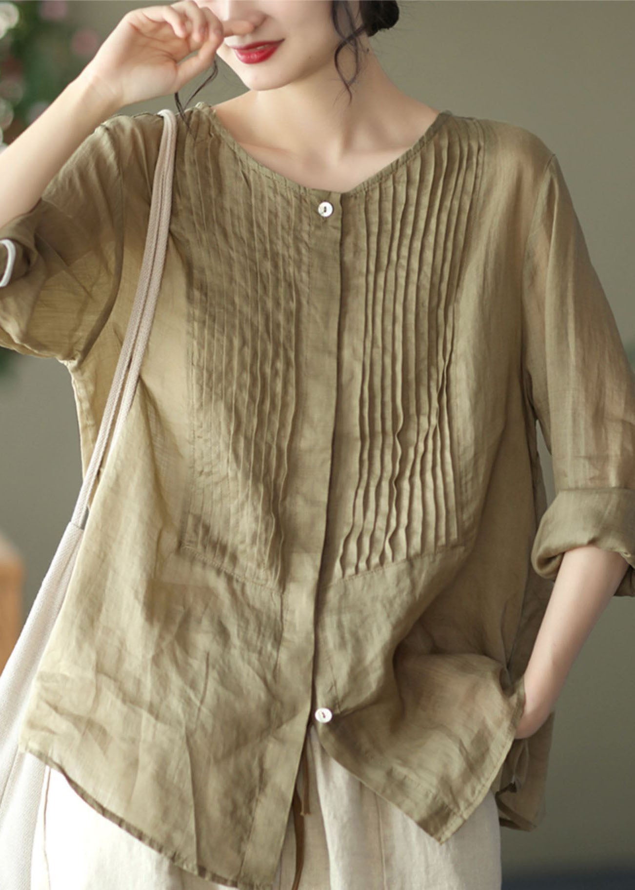 Bean Green O-neck Button Linen Shirts Long Sleeve