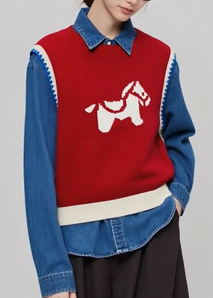Red O Neck Cartoon Print Knit Vest Sleeveless