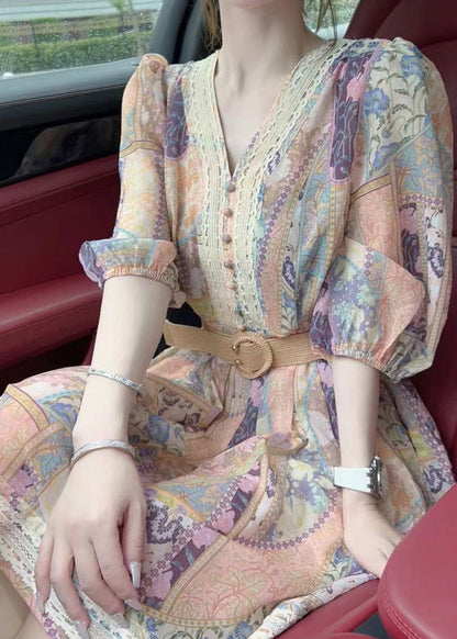 V Neck Print Sashes Mid Dress Half Sleeve