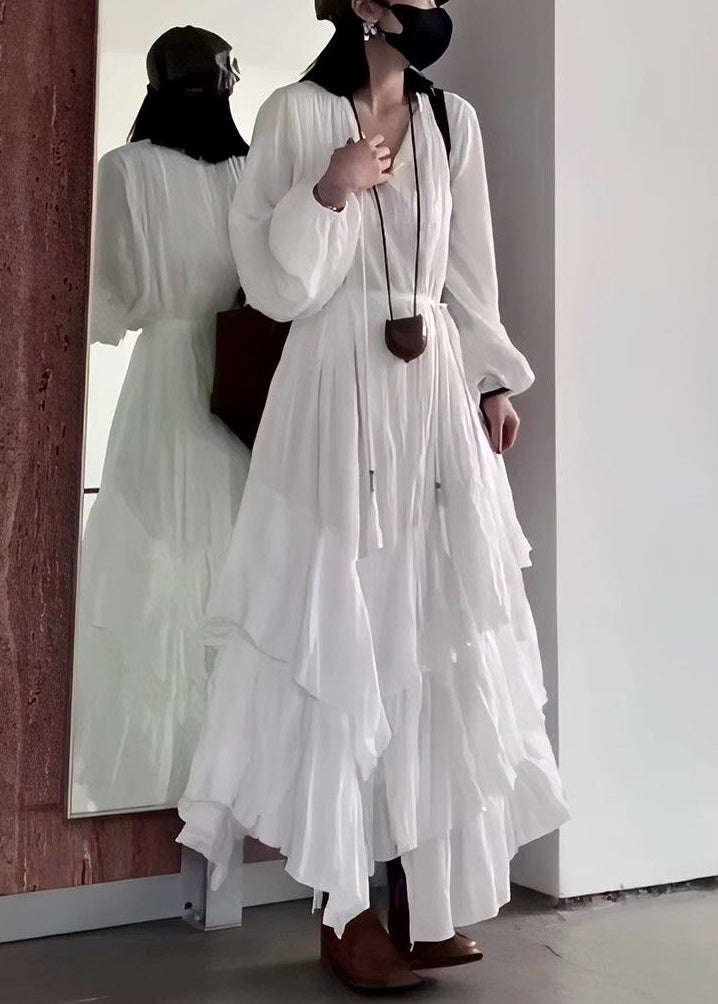 French Black V Neck Wrinkled Cotton Long Dress Fall