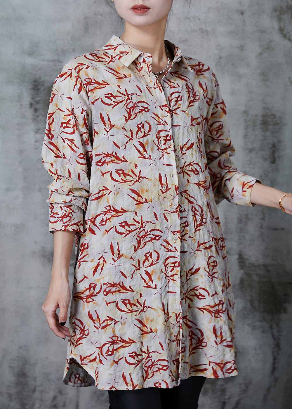 Apricot Peter Pan Collar Print Linen Long Shirts Summer