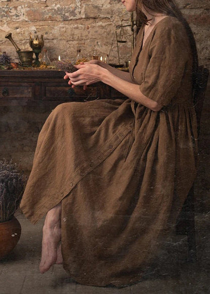 Unique Coffee V Neck Tie Waist Button Linen Dress Summer