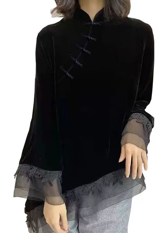 Black Stand Collar Asymmetrical Patchwork Velour Shirt Fall