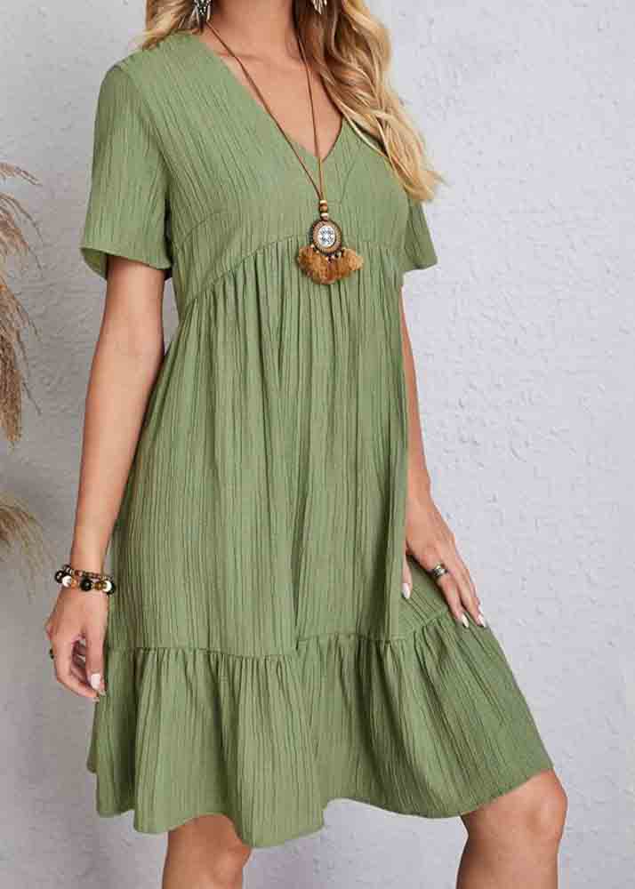Army Green V Neck Patchwork Cotton Day Dress Summer