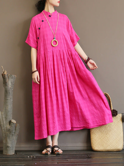 Pleated Plaid Chinese Style Dress