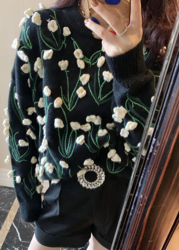 Black O Neck Cozy Cotton Knit Sweater Winter