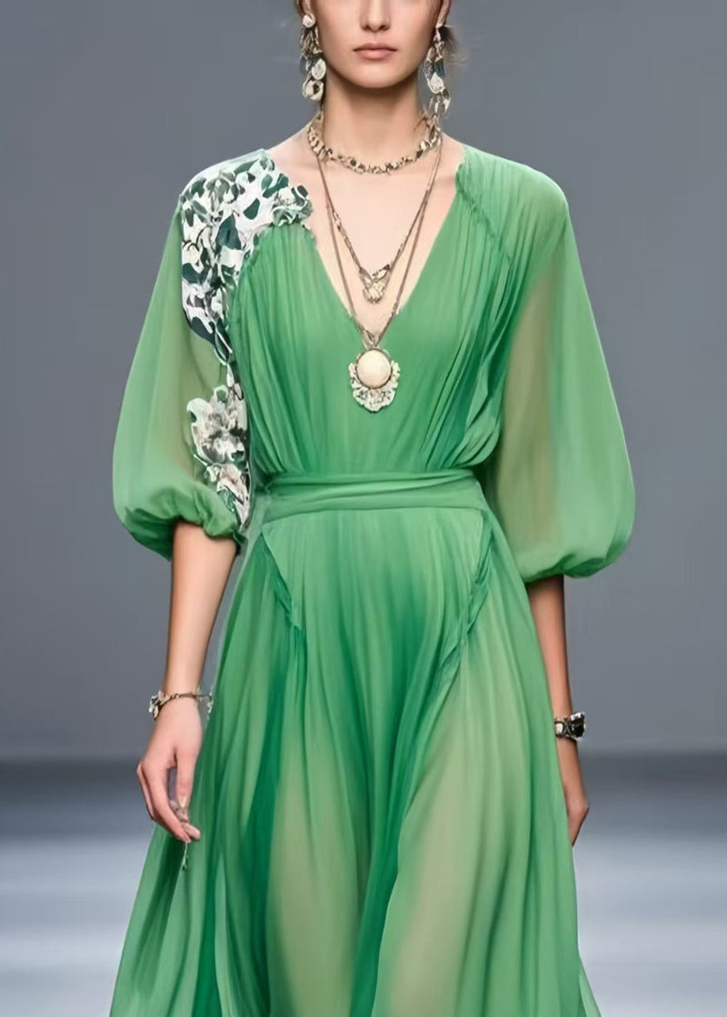 Green Patchwork Chiffon Robe Dresses Asymmetrical Summer