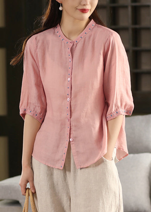 Pink Button Linen Blouse Embroidered Summer
