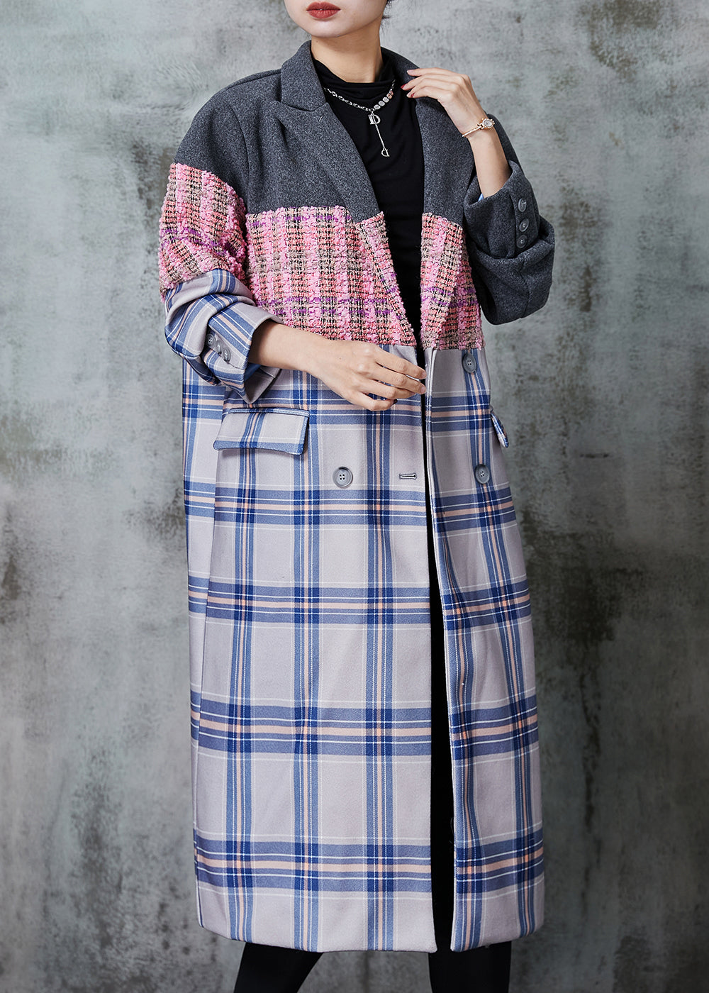 Colorblock Oversized Patchwork Woolen Trench Fall