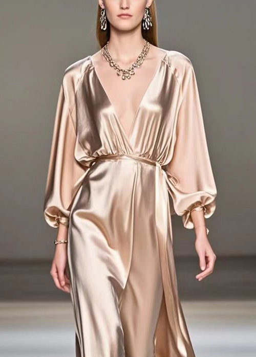 Champagne V Neck Ruffles Silk Long Dresses Fall