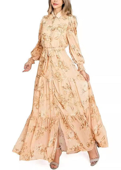 Orange Button Print Cotton Maxi Dresses Long Sleeve