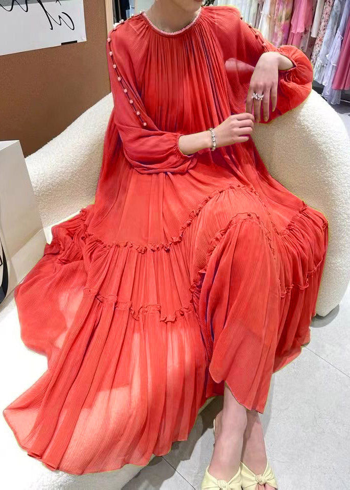 Diy Yellow O-neck Nail Bead Ruffled Silk Dress Long Sleeve