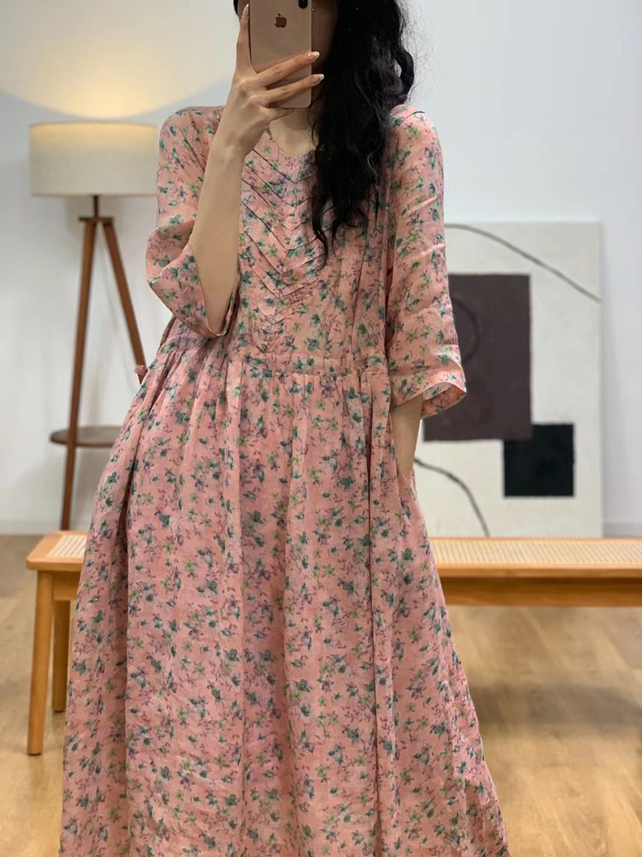 Summer Artsy V-neck Shirred Ramie Dress