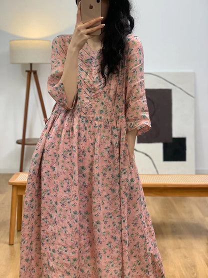 Summer Artsy V-neck Shirred Ramie Dress
