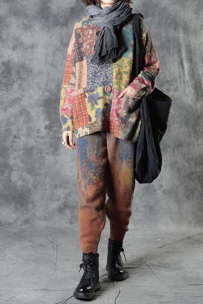 Autumn Colorful Flower Knitted Sweater Coat