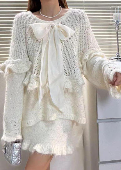 White Hollow Out Knit Two Pieces Set Bow Fall